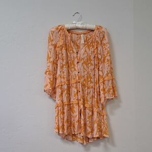 Anthropologie Yellow Floral Tiered Tie-Front Tunic